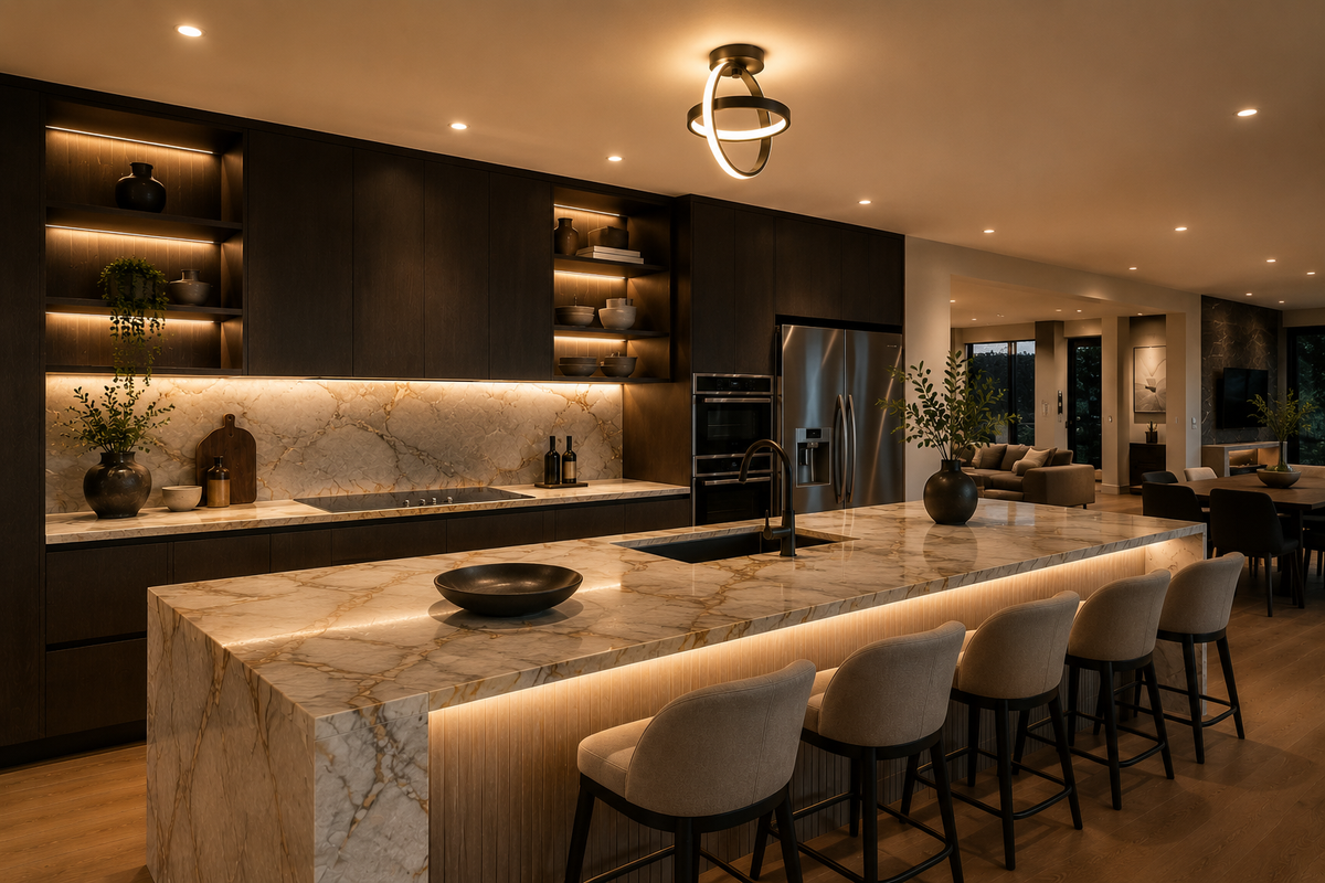 A dark timber kitchen at night, lit by a brass ring ceiling fixture above the island
